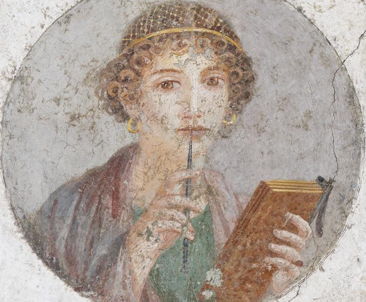 Fresco of Sappho holding book and pen, from pompei