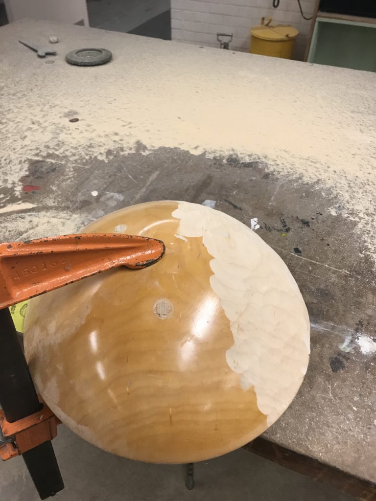 Wooden lyre bowl, sanding in progress