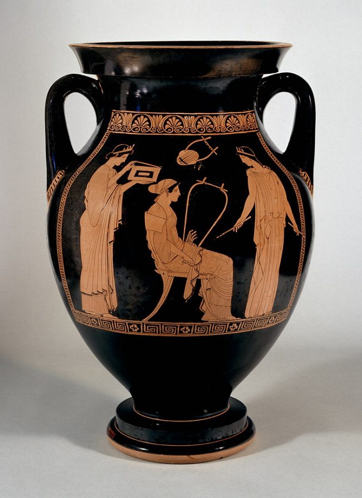 Red attic figure vase with three women, one seated holding a barbitos 