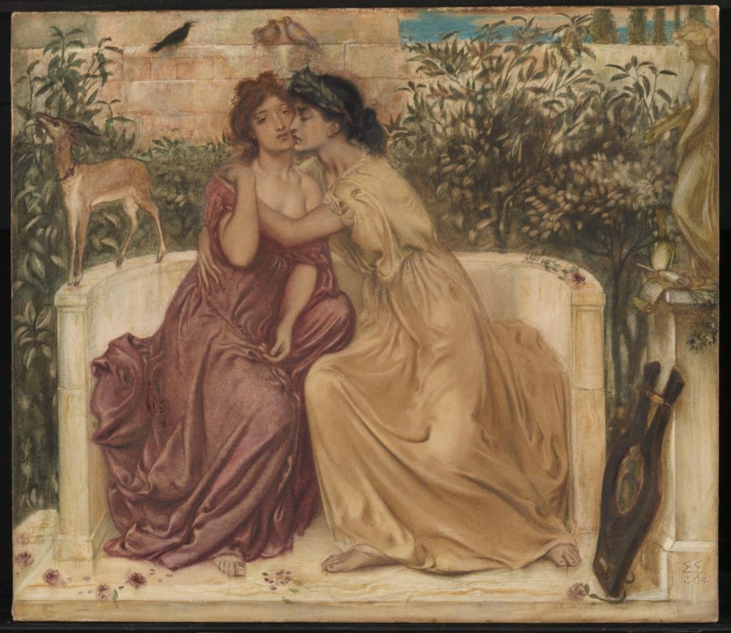 Painting of Sappho embracing her lover Erinna in garden by Simeon Solomon