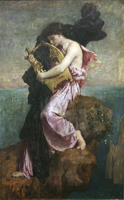 painting of Sappho kissing her lyre while on rocky outcropping 