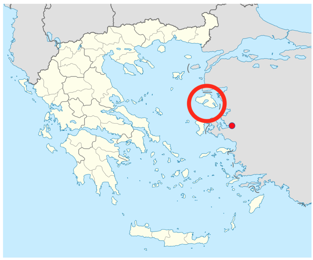 Figure 1, A map of the Eastern Mediterranean, Lesbos is circled in red, right off the coast of modern day Turkey. The location of Old Smyrna is marked with a red dot 